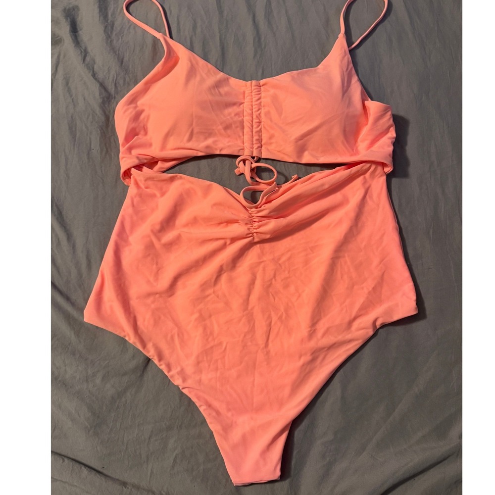 Pink Lily Orange Cutout One Piece Swimsuit Monokini Womens XL Ruched High